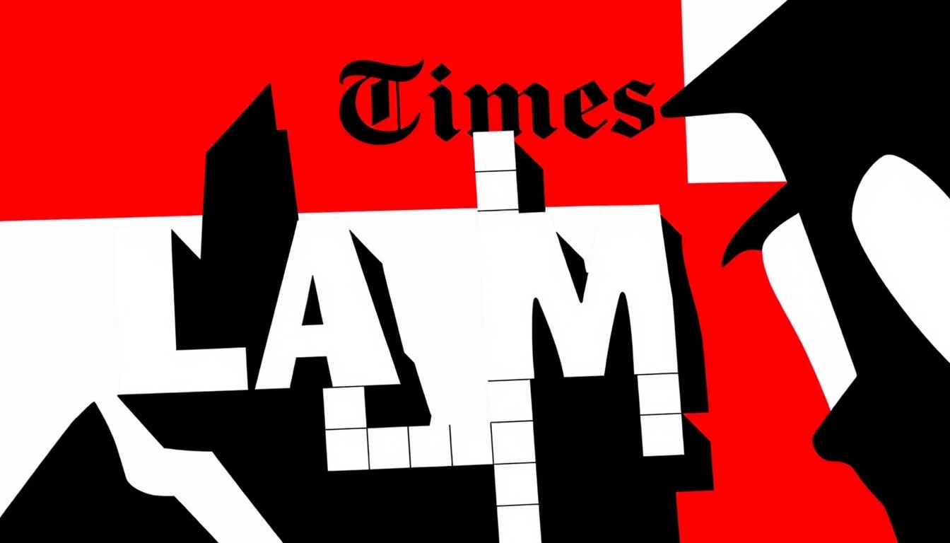 A striking abstract composition featuring bold, jagged geometric shapes in high-contrast black, red, and white, conceptually representing the LA Times crossword puzzle's challenging nature and enduring appeal.