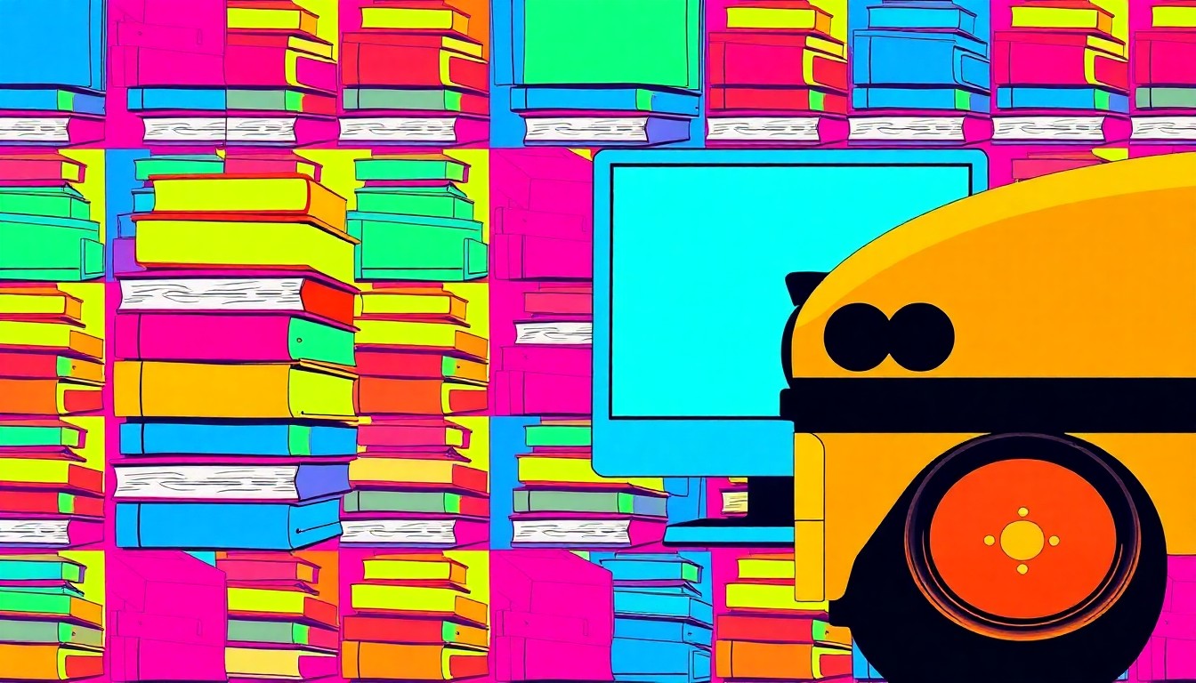 A vibrant, high-contrast silkscreen print featuring a repeating grid of school supplies and transportation icons in neon colors, conceptually representing the operational review of the Bibb County School District.