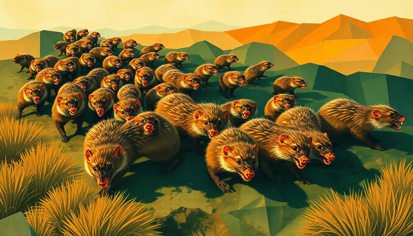A fractured, abstract painting of a swarm of orange-toothed rodents crawling across a California landscape, with overlapping geometric shapes and waves of earthy colors, conceptually representing the political tensions and environmental damage caused by the alleged release of the invasive species.