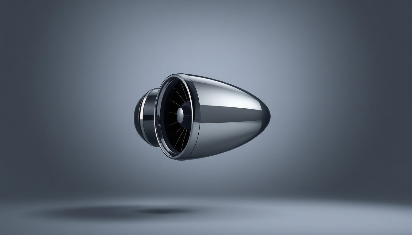 A high-end, photorealistic studio still-life photograph featuring a sleek, modern private jet engine component made of polished metal and glass, floating on a clean, monochromatic background and dramatically lit to represent the precision engineering and global reach of the Avfuel network.