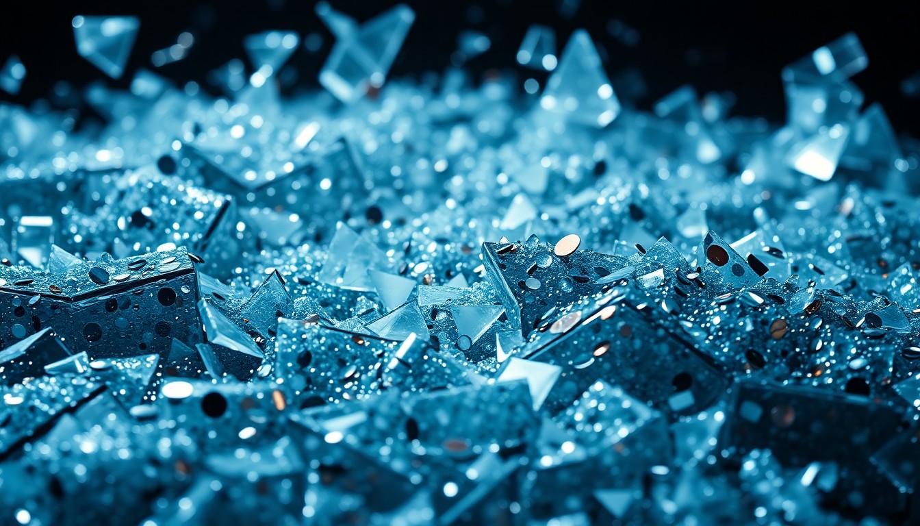 An abstract close-up image composed of shattered glass and sparkling sequins, captured in dramatic high-contrast studio lighting to evoke the lavish yet fragile nature of big-budget movie productions.