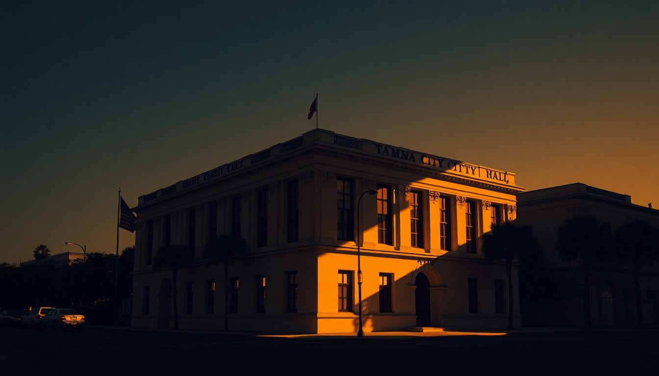 A serene, painterly depiction of Tampa City Hall, its facade illuminated by warm, angled sunlight and cast in deep shadows, evoking a sense of civic nostalgia and anticipation for the city's political future.