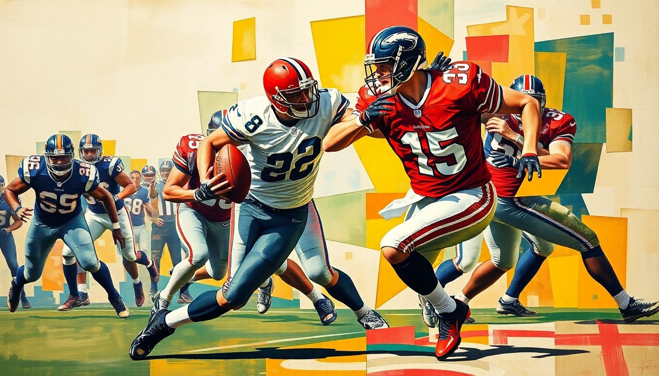 A fragmented, geometric painting depicting an NFL edge rusher in motion, their body and movements broken down into sharp, overlapping planes of color and form.