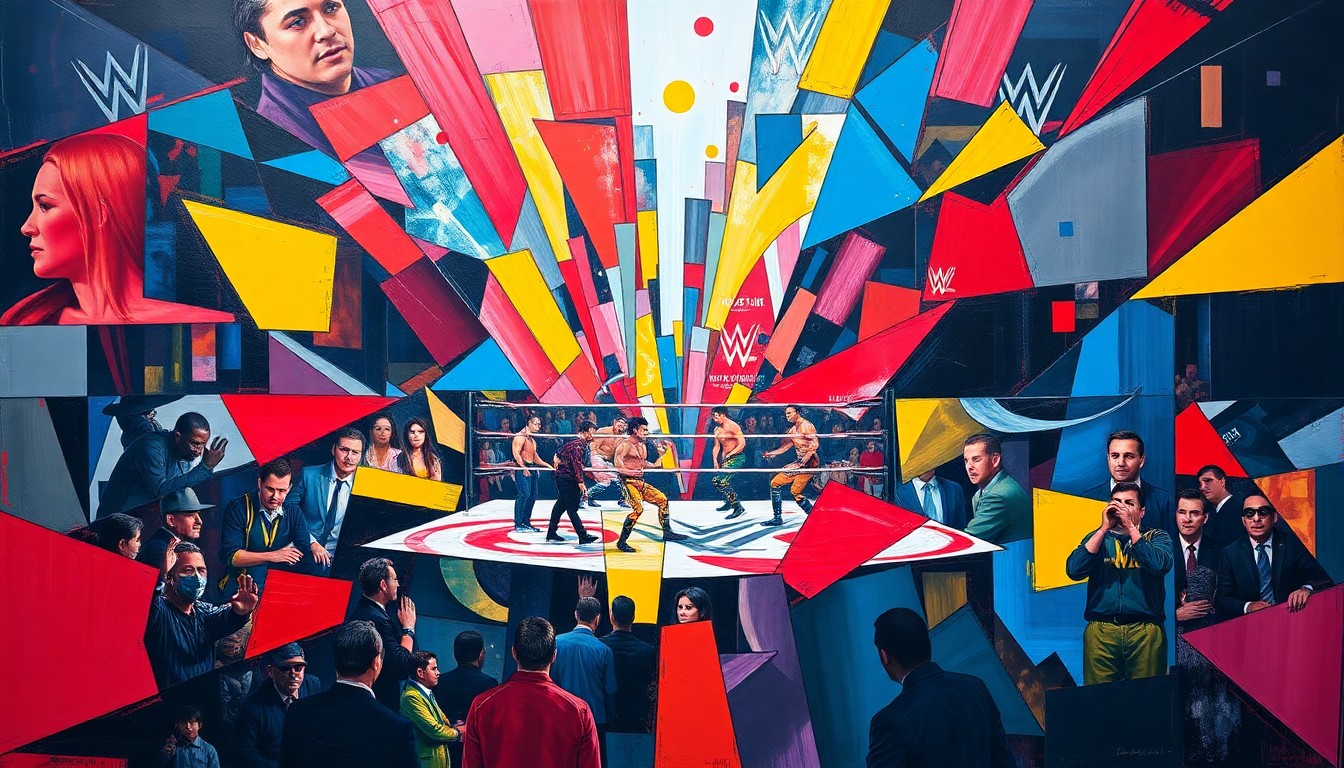 A fractured, multi-angled painting in bold, vibrant colors depicting the intense action and competition of a WWE wrestling match or event, with no recognizable faces or logos.