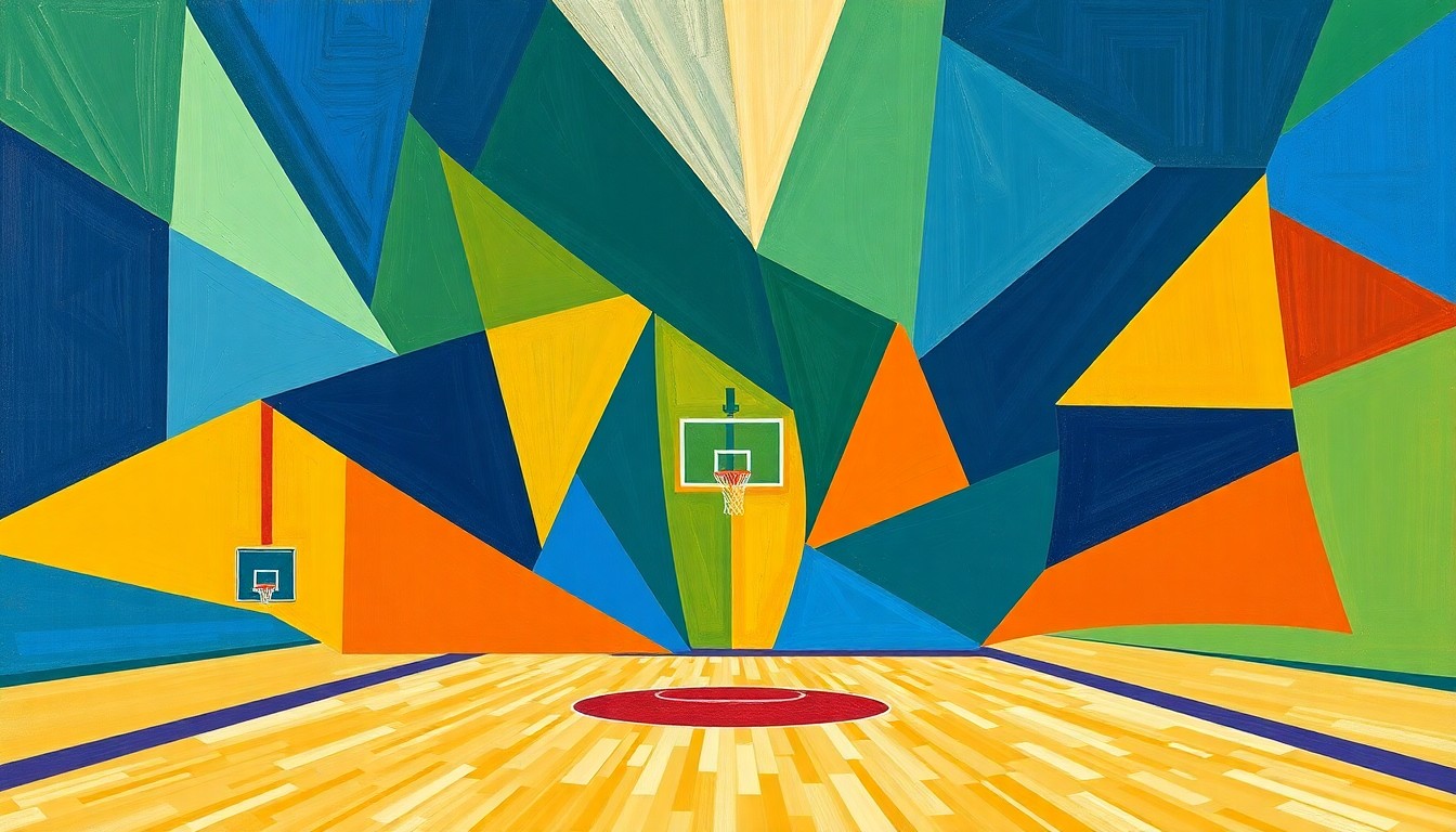 A fractured, multi-perspective painting depicting a college basketball game, with the court broken down into sharp, overlapping geometric shapes in vibrant colors, conceptually representing the fragmented nature of the transfer portal landscape.