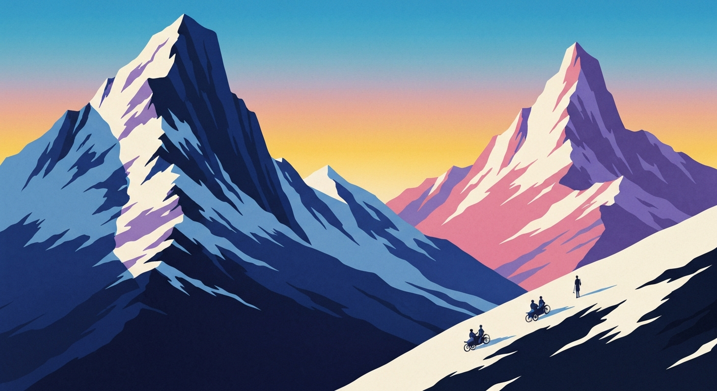 A bold, geometric illustration in the Art Deco style depicting the sweeping, towering landscape of Mt. Blue Sky, with smooth gradients of blues and grays conveying the grand scale and romance of travel to the mountain's summit.