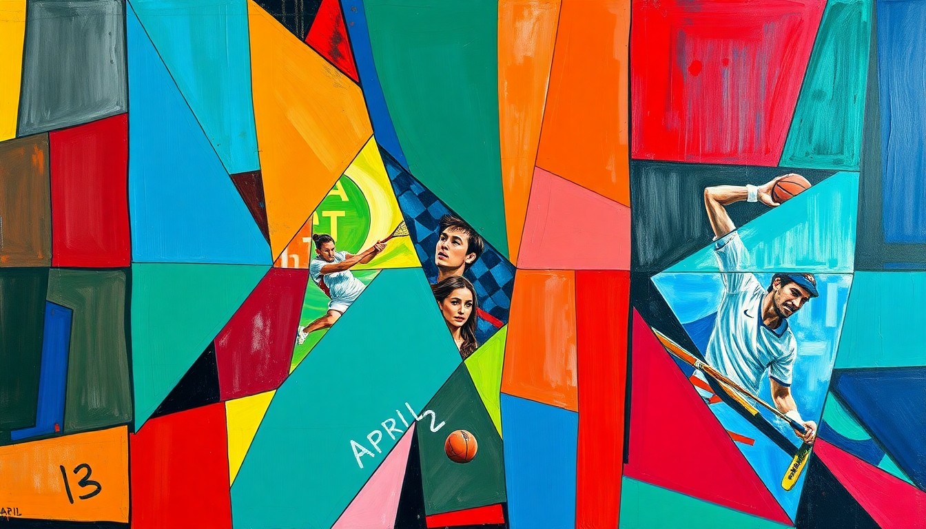 A fragmented, geometric painting in bold colors depicting various sports actions and competitions, conveying the diverse and impactful events that have taken place on April 13 in sports history.