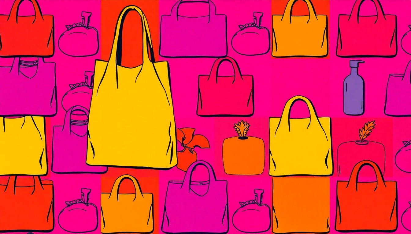 A brightly colored, high-contrast silkscreen print of a reusable grocery bag in a tight grid pattern, utilizing flat, vibrant neon colors and heavy black outlines to turn an everyday lifestyle object into modern pop art.