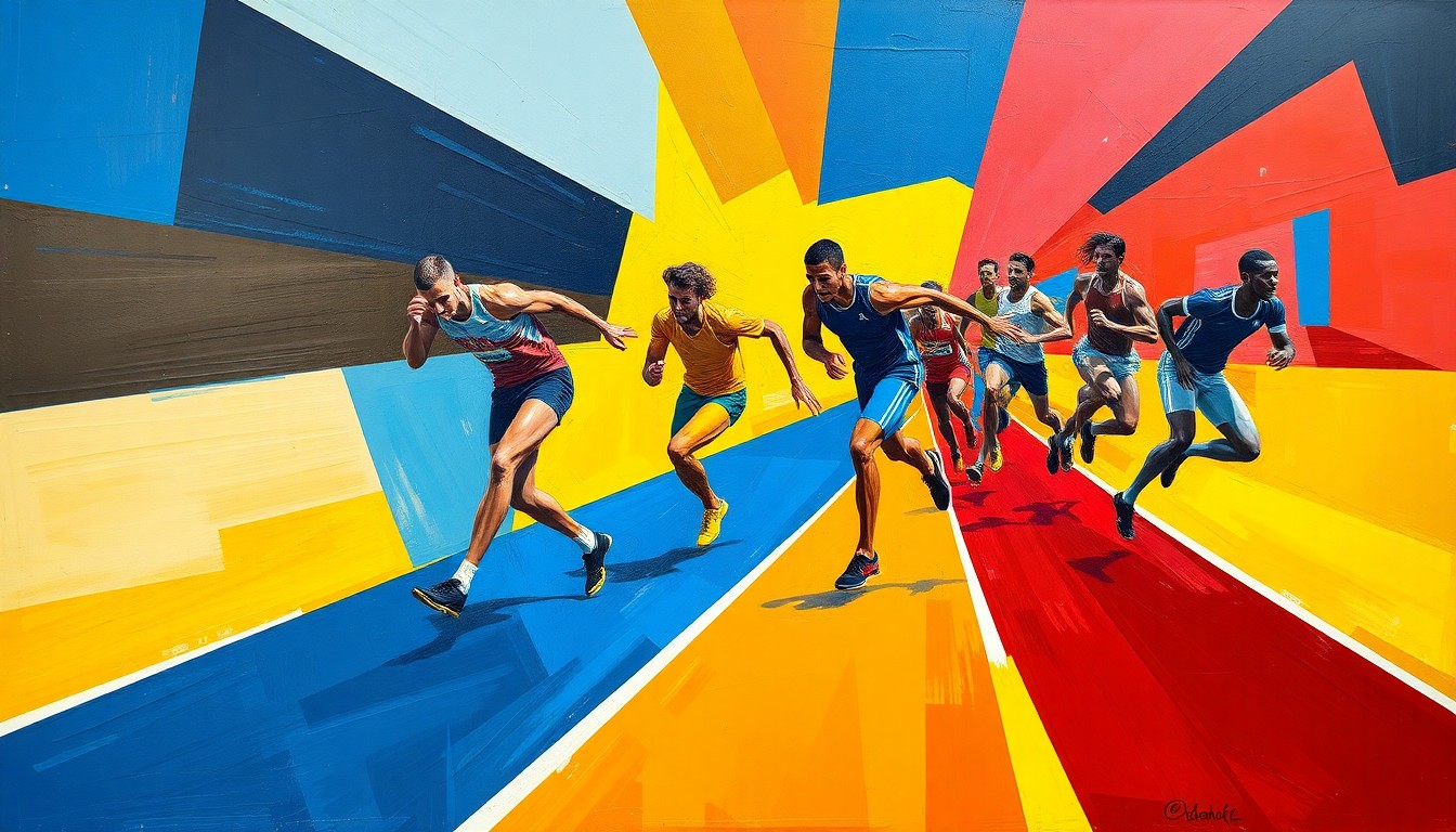 A fragmented, geometric painting in bold colors depicting the overlapping movements and perspectives of a track and field relay race, conveying the raw athleticism and competitive drive of the Brandeis University track team.