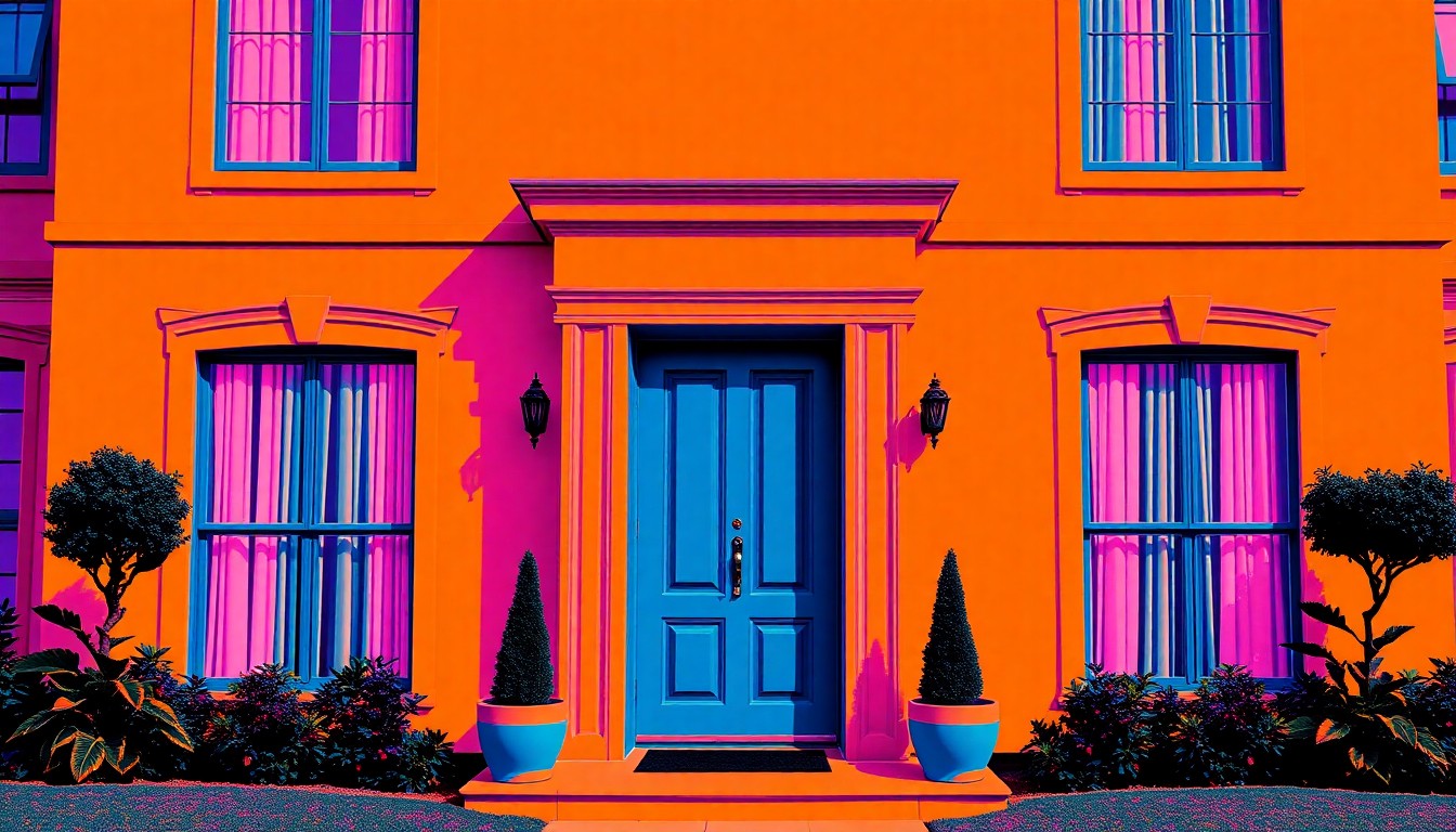 A boldly colored, abstract silkscreen print featuring a repeating pattern of a luxury home's front entrance, conceptually representing the balance of lavish and practical elements in this high-end property.