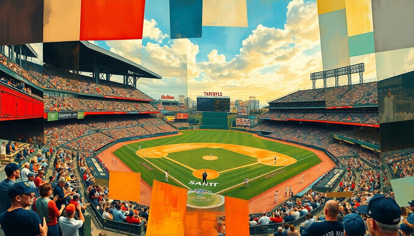 A cubist, geometric painting depicting a baseball game broken down into overlapping planes of color and shape, conveying the disjointed nature of the Red Sox broadcast's technical difficulties.