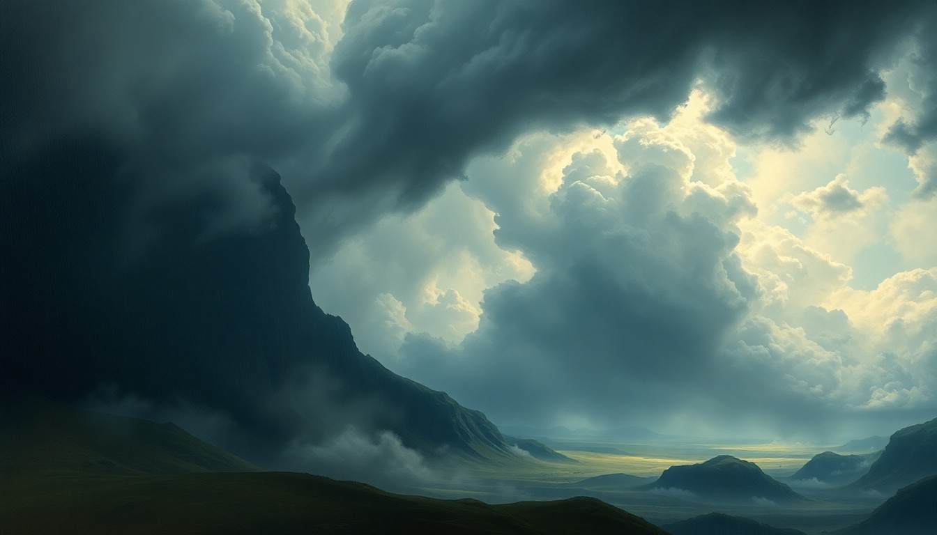 A sweeping, atmospheric landscape painting depicting a massive, turbulent storm system dominating the horizon, with dark clouds and dramatic lighting obscuring the details of the physical landscape below.
