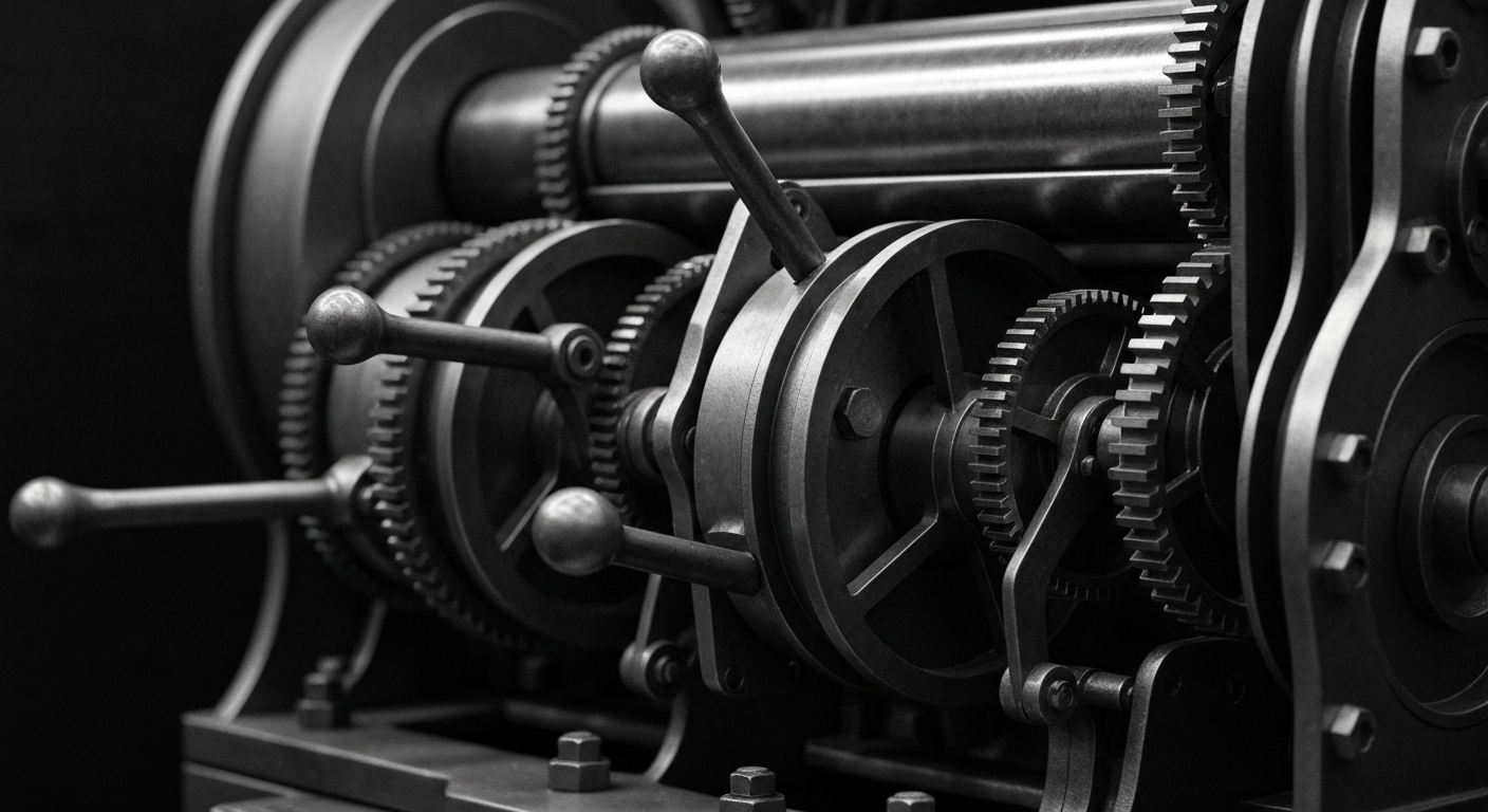 A high-contrast black and white image of the gears, levers, and mechanisms of a large industrial banking machine, representing the institutional power and financial security of the banking industry.
