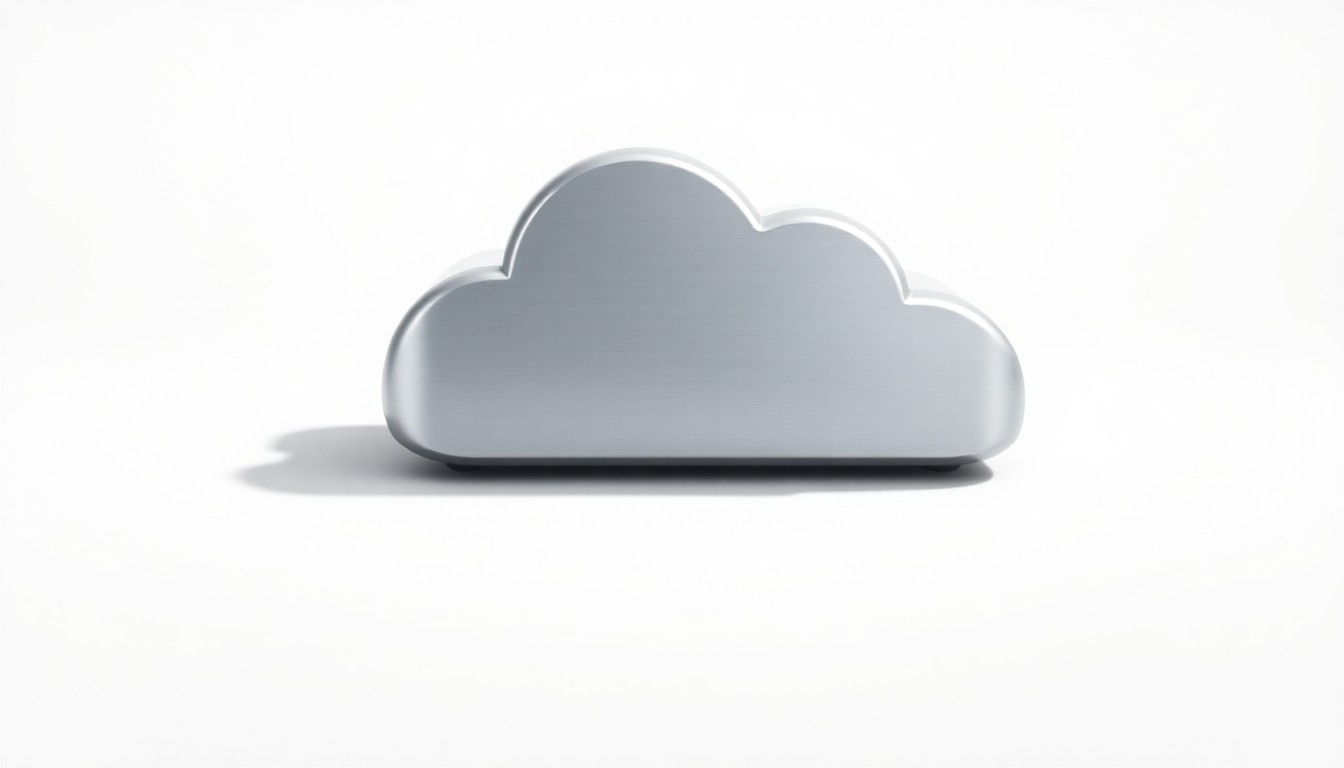 A highly detailed, photorealistic studio still life of a sleek, modern cloud storage device made of polished aluminum and glass, floating on a clean white background and dramatically lit to convey the abstract concepts of data storage, cloud computing, and enterprise collaboration.