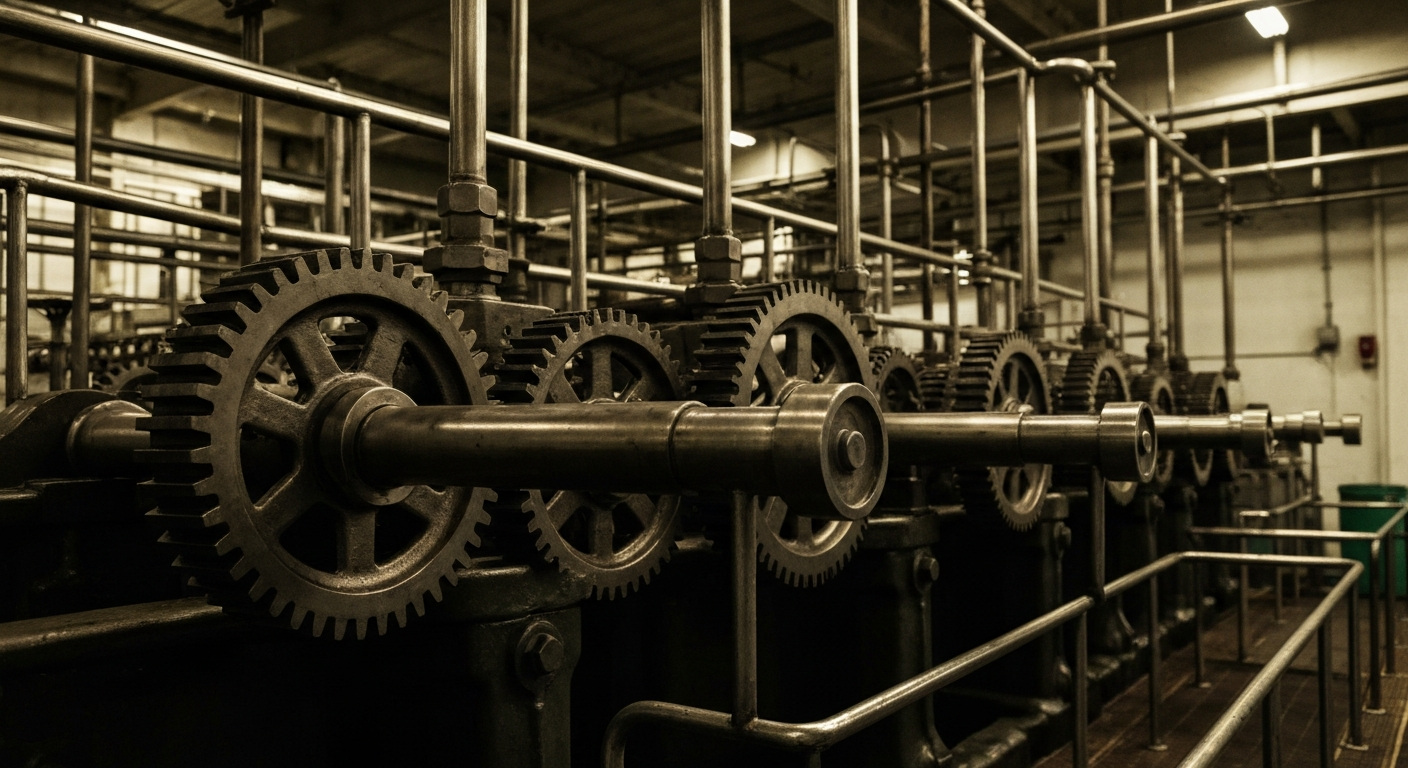 An extreme close-up of the inner workings of a Coca-Cola bottling plant, with a focus on the heavy, industrial machinery and mechanical components that produce the iconic soft drink.