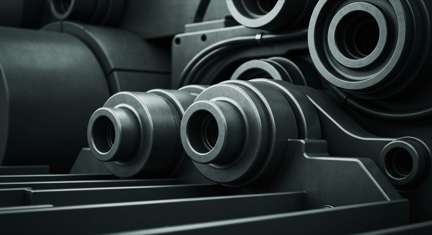 A highly detailed, black-and-white close-up image of industrial machinery and components, conveying the heavy, physical nature of the defense industry's financial infrastructure.