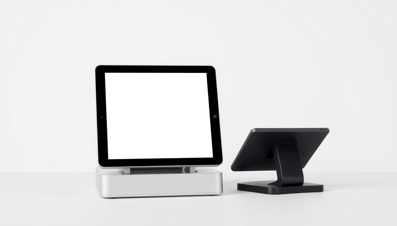 A photorealistic studio still life featuring a modern point-of-sale terminal and tablet device in a clean, minimalist composition, conceptually representing the intersection of technology and the restaurant industry.