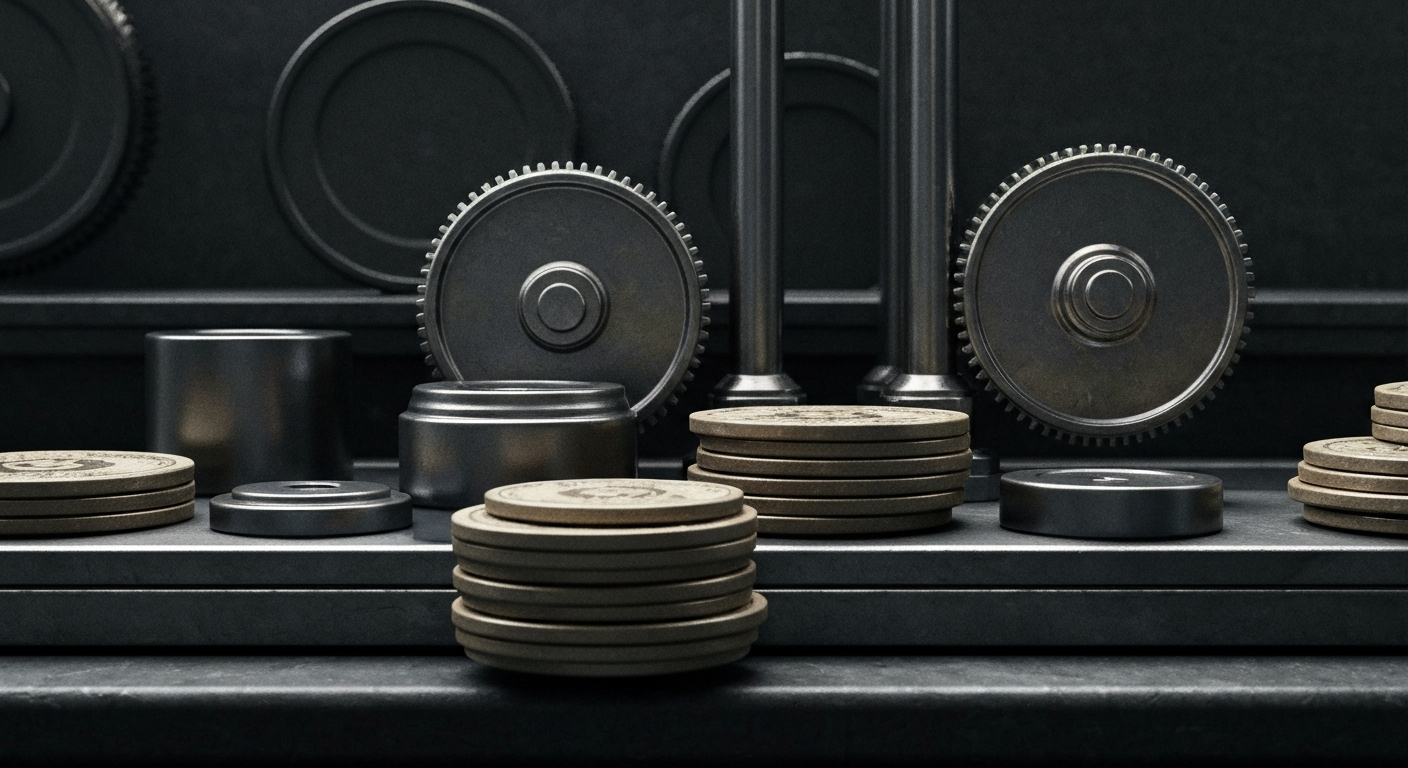 An extreme close-up of intricate, metallic banking machinery and components, conveying a sense of the complex financial infrastructure underlying global markets.