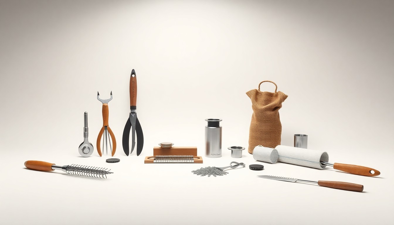 A high-end, photorealistic studio still-life photograph featuring a collection of premium, polished agricultural tools and materials in a minimalist, monochromatic setting, conceptually representing the precision and innovation of Corteva's agricultural technologies.