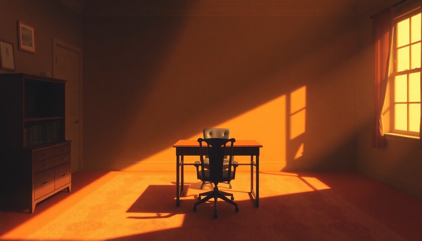 A serene, cinematic painting of an empty political office desk and chair, with warm sunlight streaming in through a window and deep shadows enveloping the space, conveying a sense of solitude and contemplation.