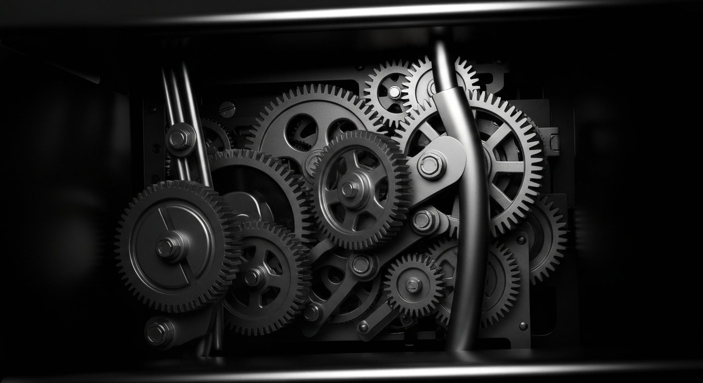 A highly detailed, cinematic close-up of the intricate metal gears, circuits, and mechanisms inside a high-end cash register, conveying the complex financial infrastructure behind a major retail business.