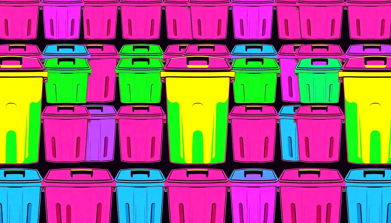 A vibrant, high-contrast silkscreen print depicting a repeating pattern of a compost bin in shades of neon green, orange, and blue, conceptually representing Decatur's new curbside composting initiative.