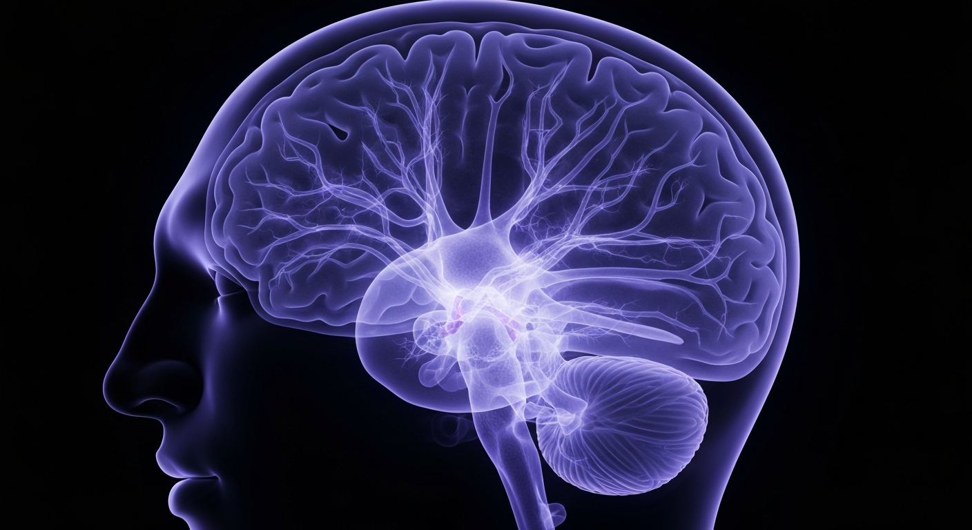 A translucent X-ray image showing the intricate structures of the human brain, with glowing neural pathways and regions highlighted in shades of blue and purple against a dark background, conveying the complex effects of vitamin D on brain health.