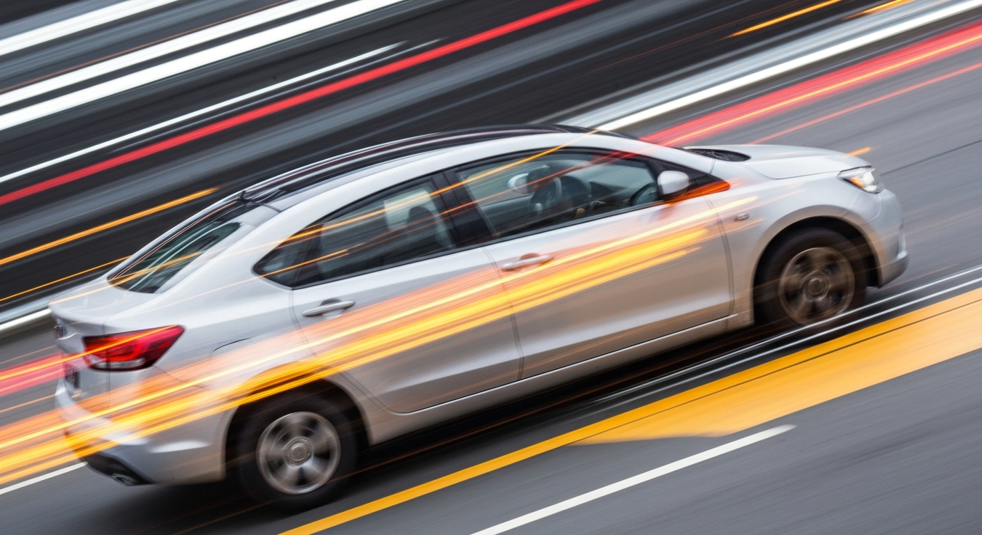 An abstract, blurred image of a Waymo autonomous vehicle in motion, conveying a sense of speed, chaos, and the challenges facing self-driving car technology in urban environments.