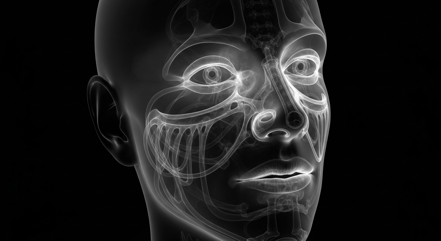 A ghostly, translucent X-ray image showing the internal bone and muscle structure of a human face, conveying the complexity of Botox treatments and the need for medical expertise.