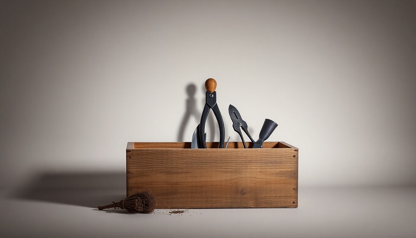 A photorealistic studio still life featuring a weathered wooden toolbox and a few farming implements like pruning shears and a trowel, arranged elegantly on a clean, monochromatic background and lit dramatically to convey the challenges and resilience of small-scale agriculture.
