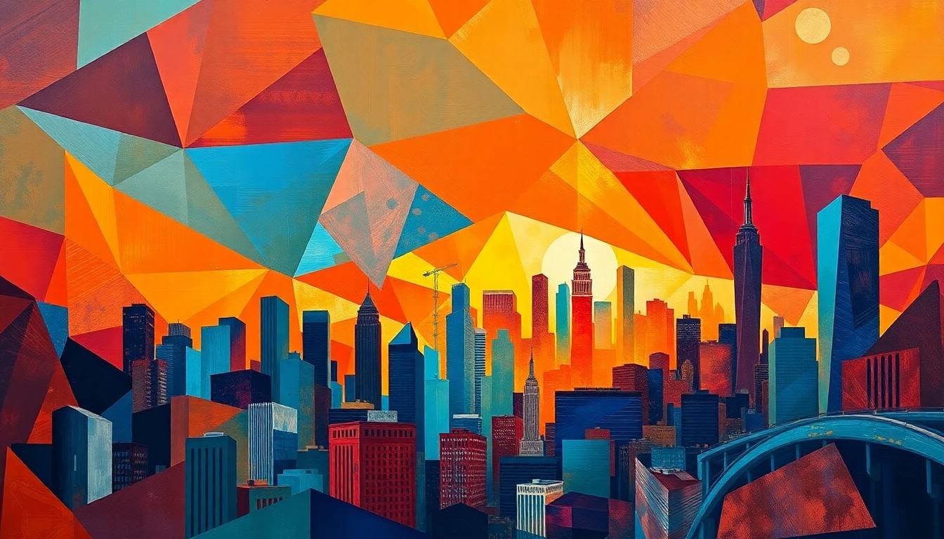 A dynamic, fractured painting in warm colors depicting an abstract cityscape in motion, representing the economic and political changes underway in New York City and the United States.