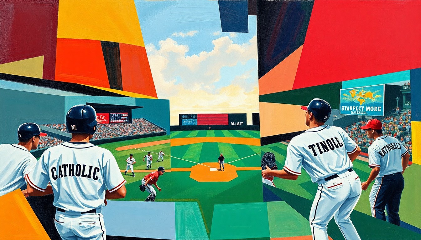 A cubist, geometric painting depicting a high school baseball game, with sharp planes of color representing the players and field in an abstract, fragmented style.