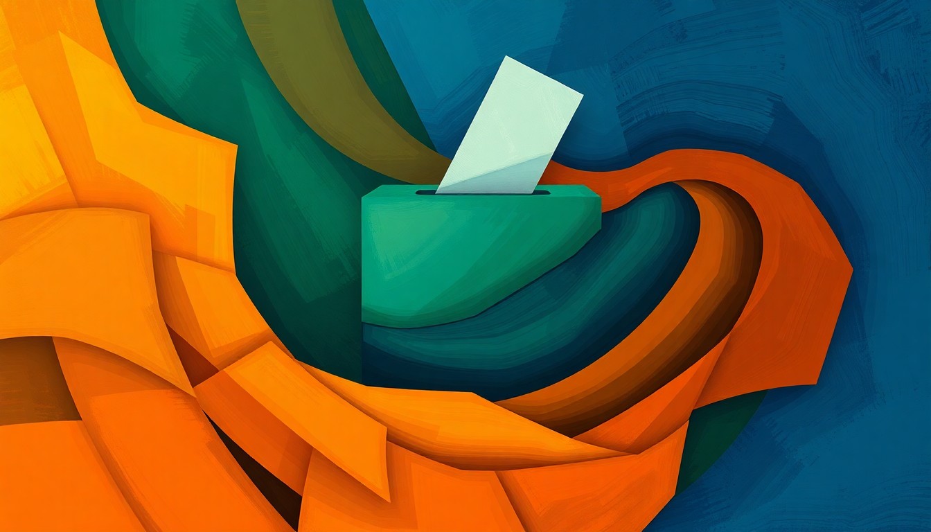 A dynamic, abstract painting featuring overlapping, geometric shapes in shades of blue, green, and orange, representing the complex and evolving nature of local elections.