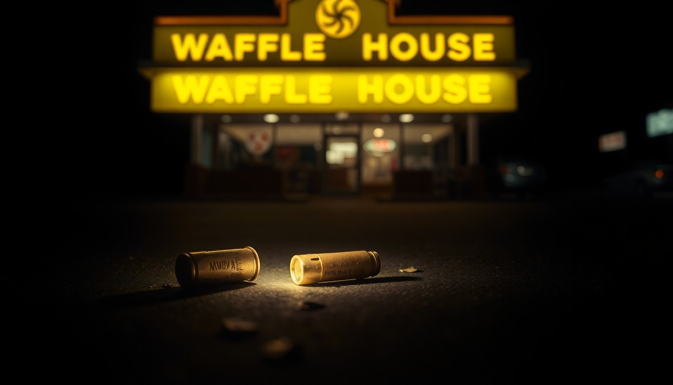 An extreme close-up photograph of a single spent bullet casing on the floor, reflecting a harsh, direct camera flash in the darkness, conceptually illustrating the investigation into a recent shooting incident.