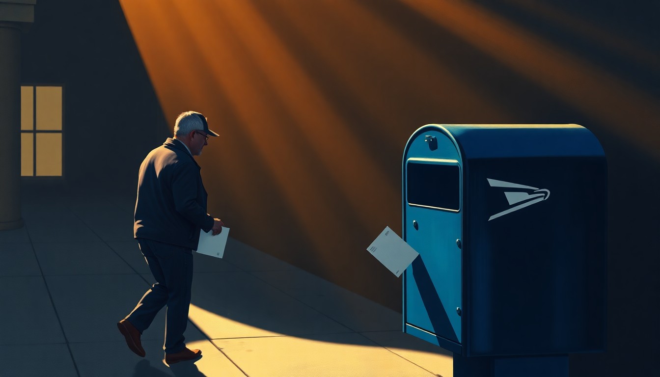 A serene, textured oil painting depicting an Indiana voter carefully depositing a mail-in ballot into a blue USPS mailbox, the scene bathed in warm, dramatic lighting that casts long shadows across the pavement.