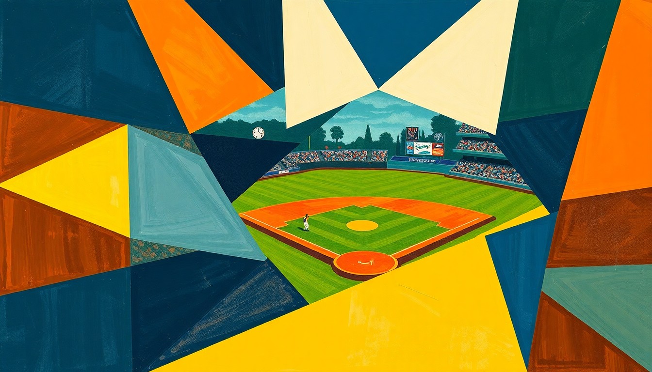 A cubist, geometric painting depicting a baseball game broken down into overlapping planes of navy, green, and orange, conveying the fractured energy and emotion of the Tigers' home opener.
