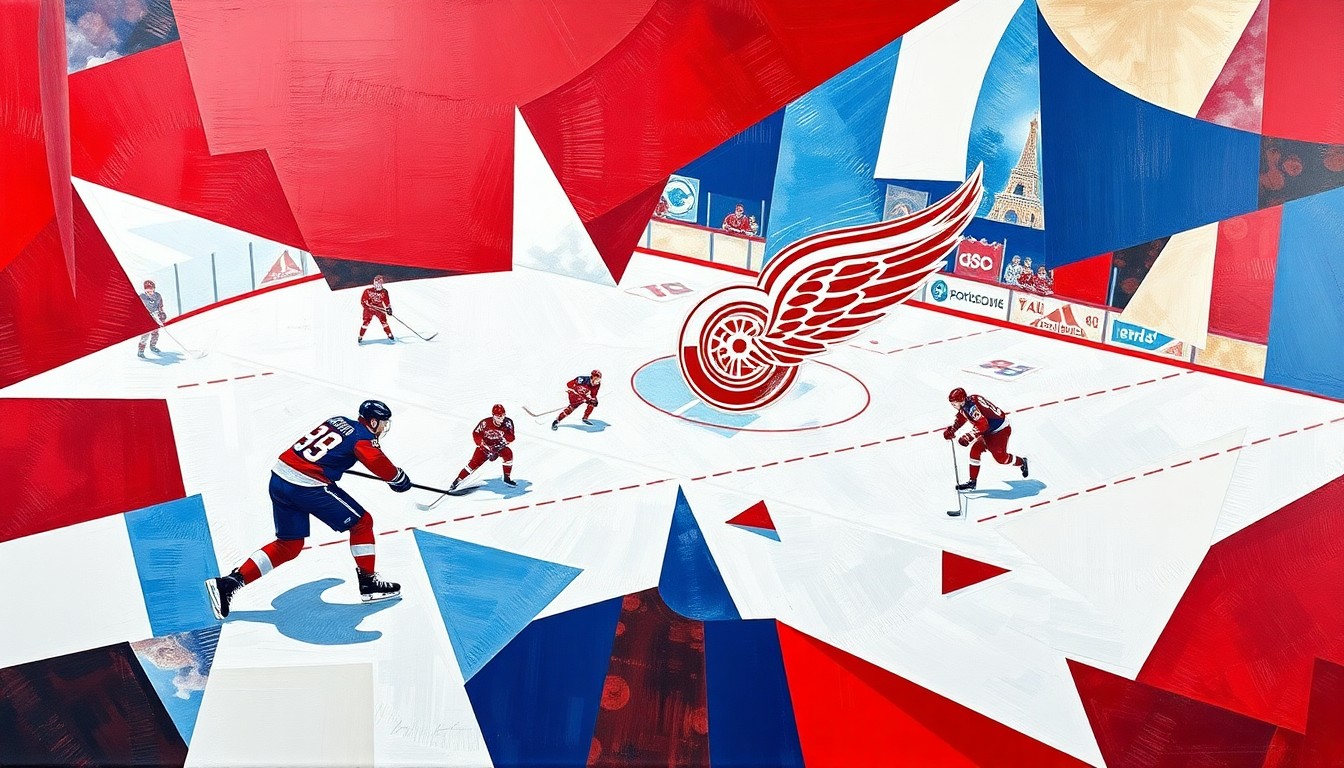 A cubist, geometric painting featuring overlapping planes of red, white, and blue, representing the dynamic action and strategic decisions of a hockey game.