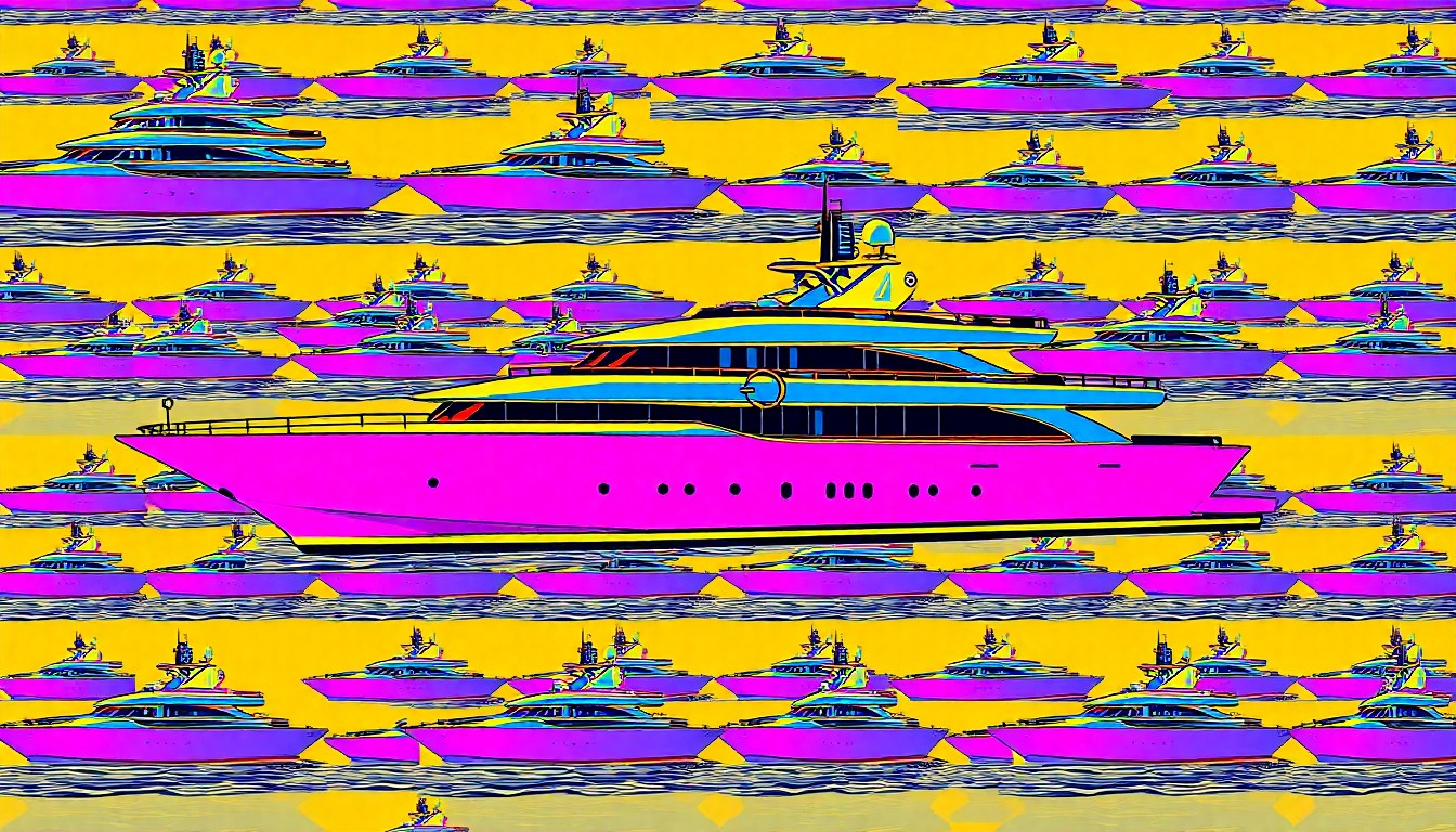 A vibrant, silkscreen-style illustration featuring a grid of brightly colored, high-contrast outlines of a single iconic luxury yacht, conceptually representing the energy and excitement of the annual Palm Beach Boat Show.