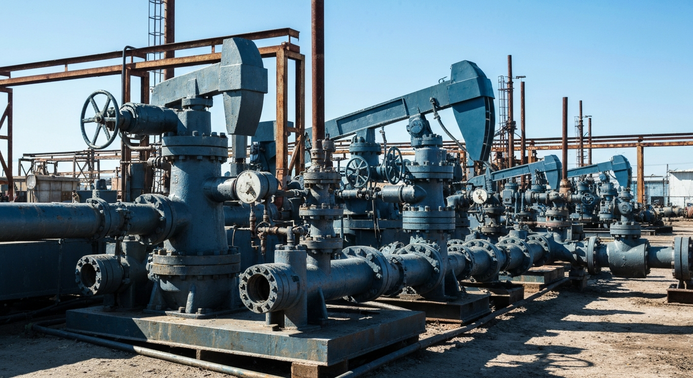 An extreme close-up of rugged, industrial oil and gas extraction equipment, conveying the physical and financial power of the energy industry without using any text or symbols.