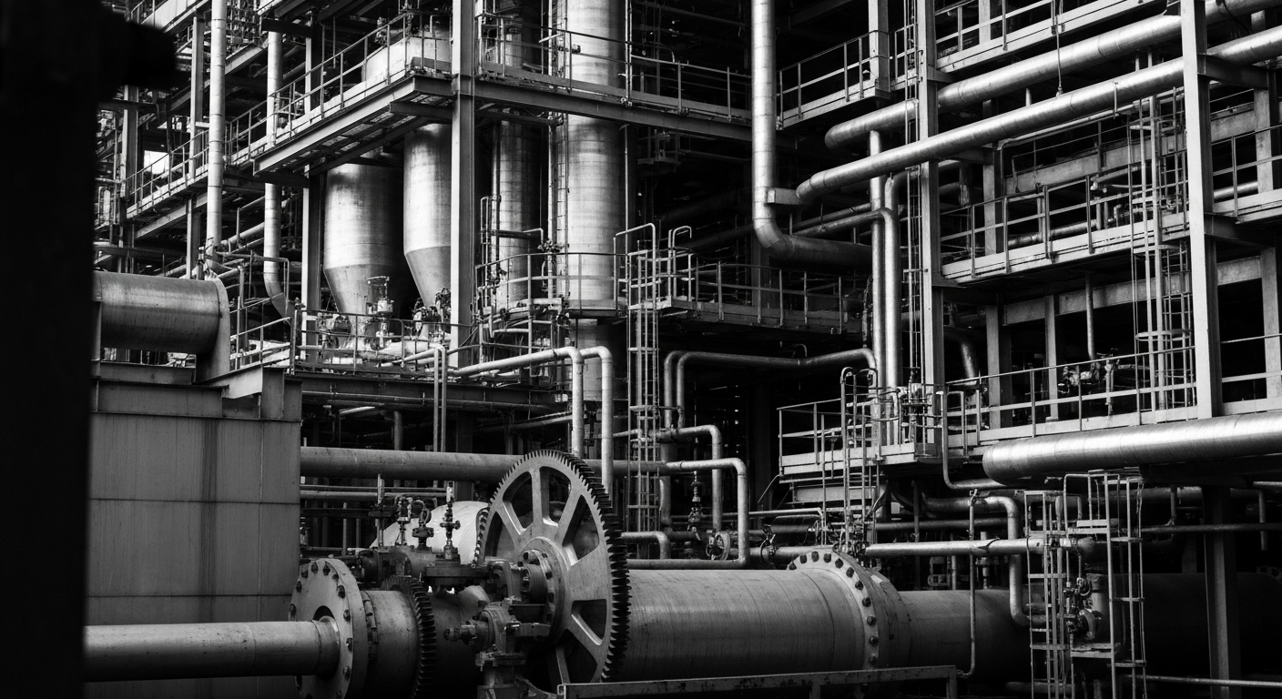 A high-contrast, close-up view of the complex machinery and gears of a modern chemical processing plant, conveying the scale and technical sophistication of LyondellBasell's industrial operations.