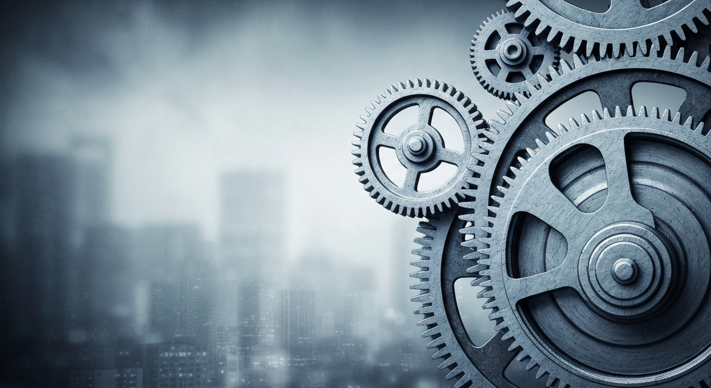 An extreme close-up of intricately engineered metal gears and machinery, conveying the complex financial and industrial infrastructure behind the semiconductor industry's expansion.