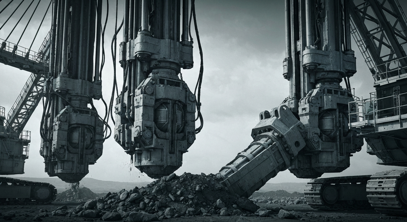 An extreme close-up of rugged, industrial uranium mining equipment and machinery, dramatically lit to convey the scale and power of the mining industry without using any text or symbols.
