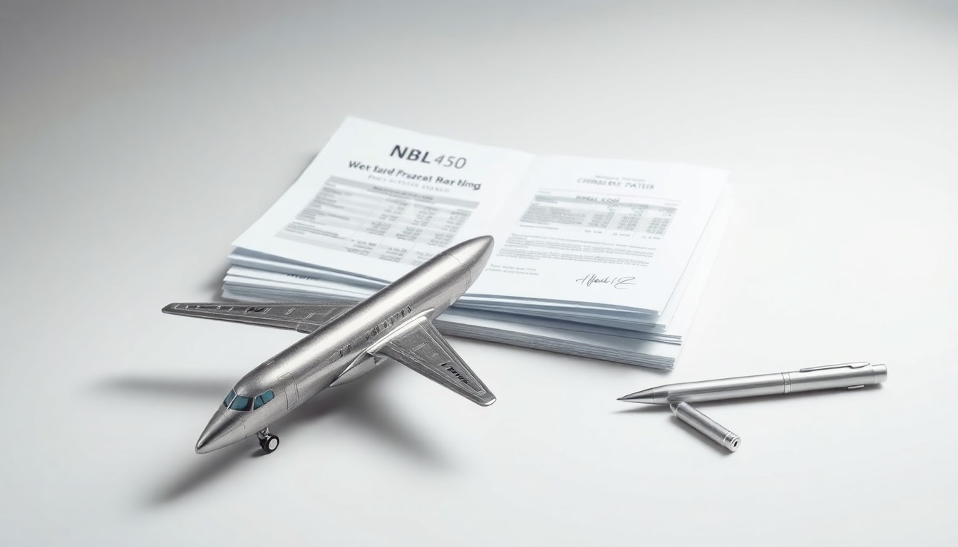 A photorealistic studio still life featuring a polished metal airplane model, a stack of financial documents, and a sleek silver pen on a clean, monochromatic background, symbolizing the intersection of aerospace engineering, corporate finance, and institutional investment.
