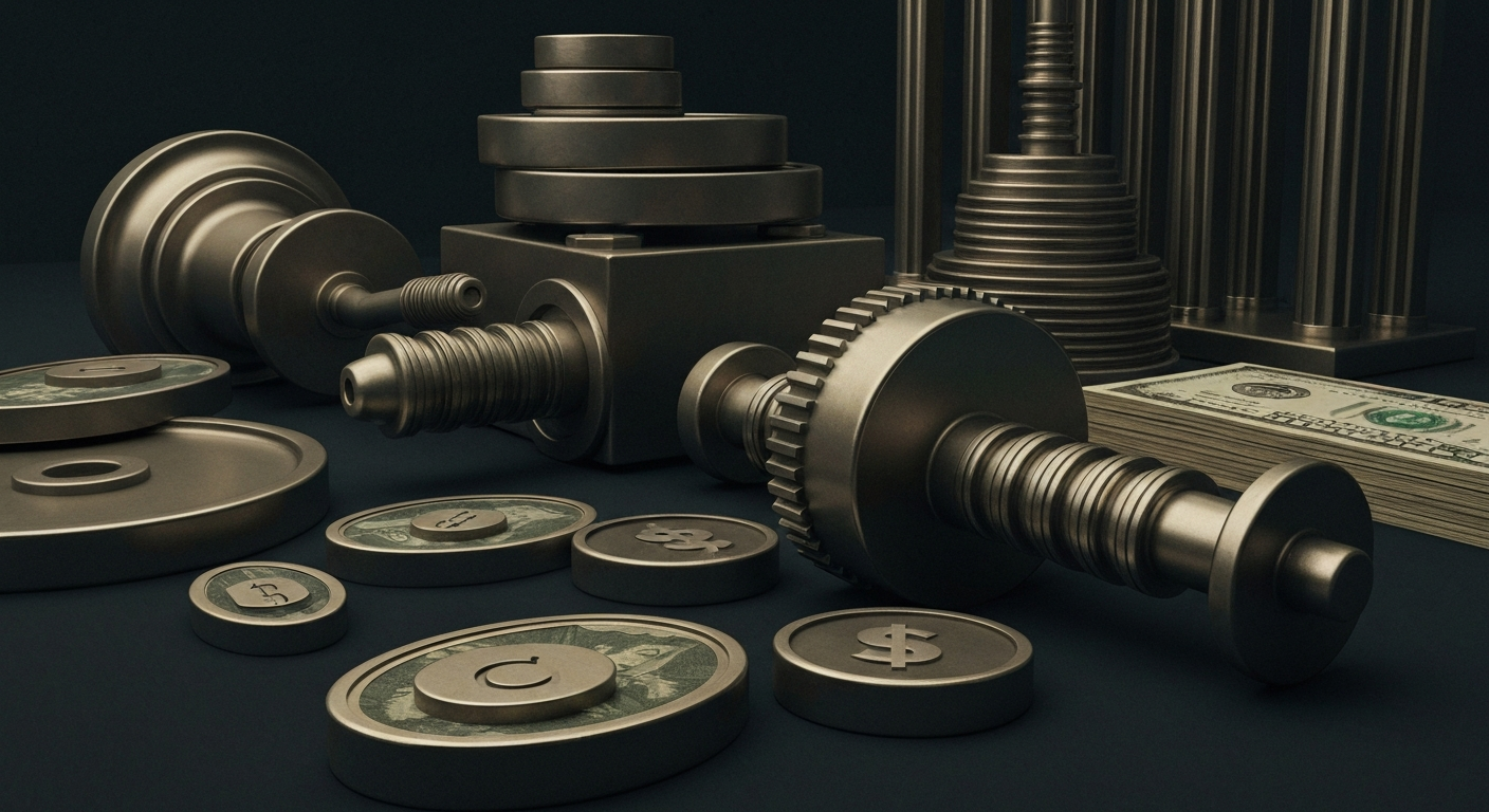 An extreme close-up of complex, industrial machinery and components, conveying a sense of financial security and institutional power without using literal currency or charts.