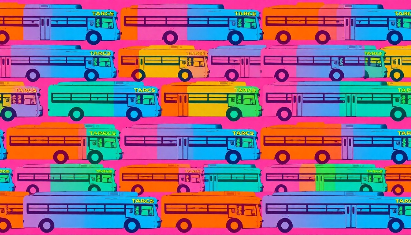 A vibrant, abstract silkscreen print featuring a repeated image of a TARC bus in a grid of neon colors, conceptually representing the public transportation options available for the Thunder Over Louisville event.