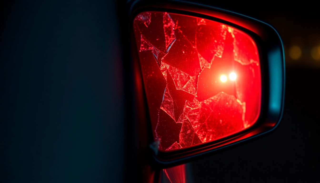 An extreme close-up photograph of a shattered car side mirror, reflecting a dim red light, conceptually illustrating the tragic consequences of impaired driving.