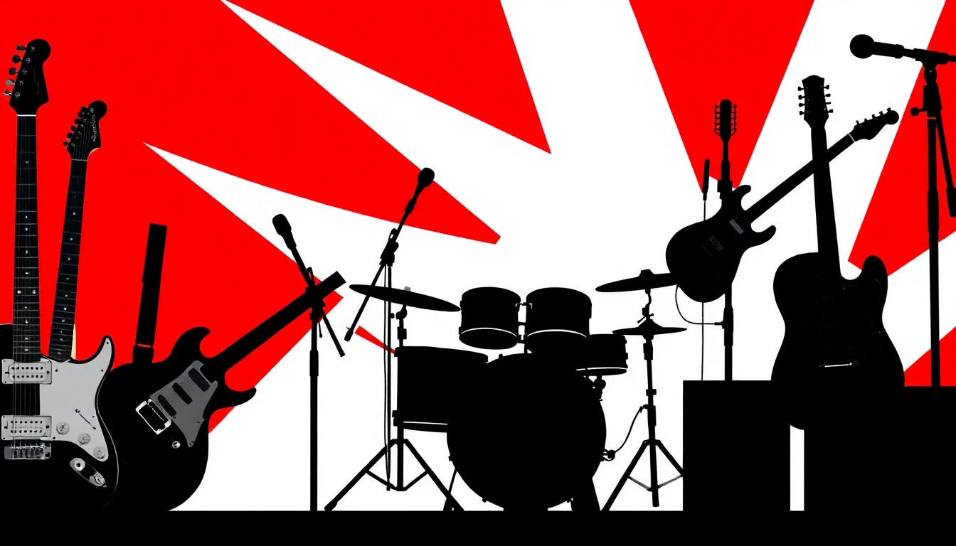 A striking abstract illustration featuring black silhouettes of musical instruments against a bold red and white background, capturing the energy and excitement of a local rock music showcase.