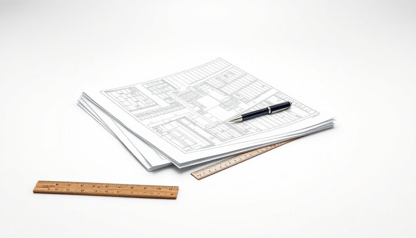 A photorealistic studio still life featuring architectural blueprints, a pen, and a ruler on a clean white background, conceptually representing the planning and development process for new commercial projects in the growing town of Leland.