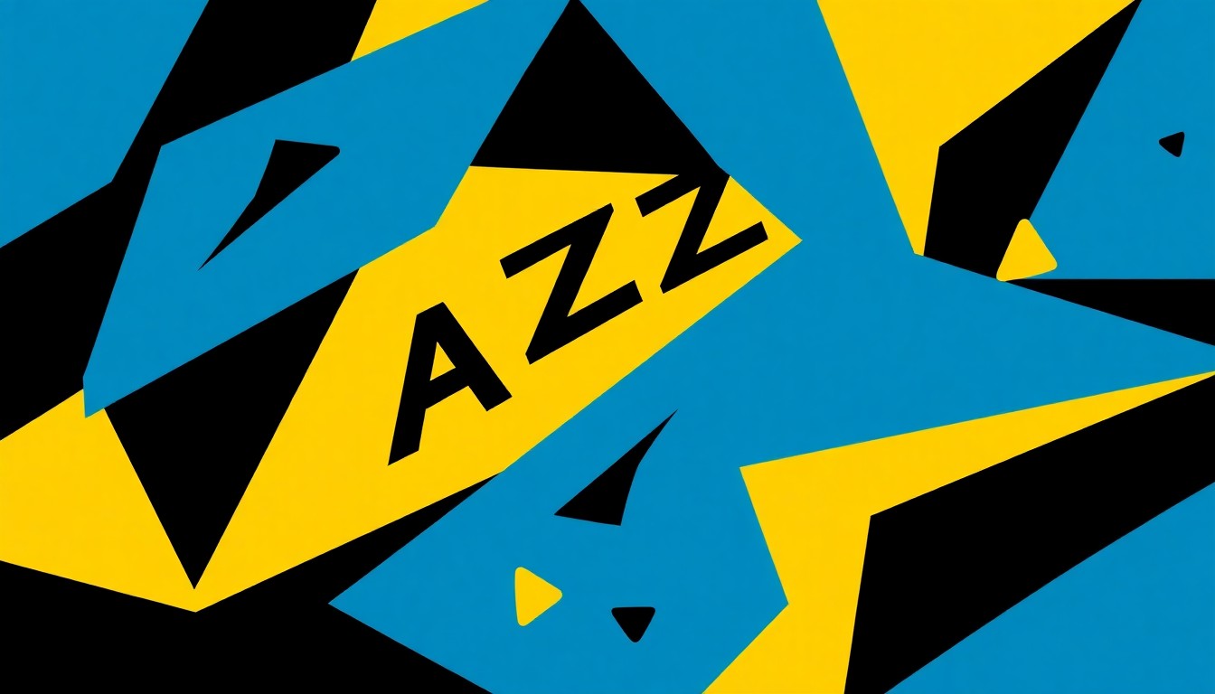 An abstract, minimalist illustration featuring bold, angular shapes in shades of blue, yellow, and black, conceptually representing the energy and rhythm of a jazz festival.