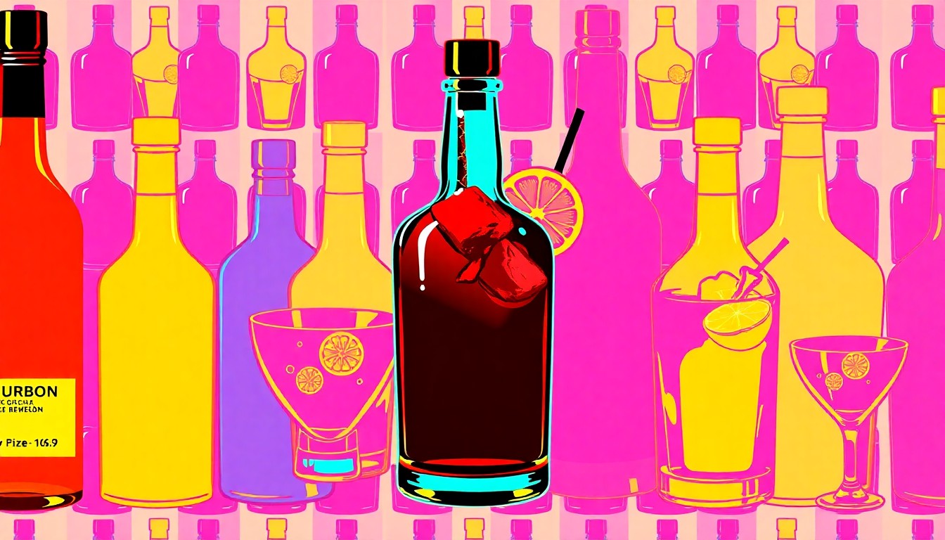 A highly stylized, silkscreen-inspired illustration featuring a repeating grid pattern of a single, iconic Derby cocktail item such as a bourbon bottle or rocks glass, rendered in a bold, neon color palette with heavy black outlines to capture the festive energy of a Kentucky Derby party.